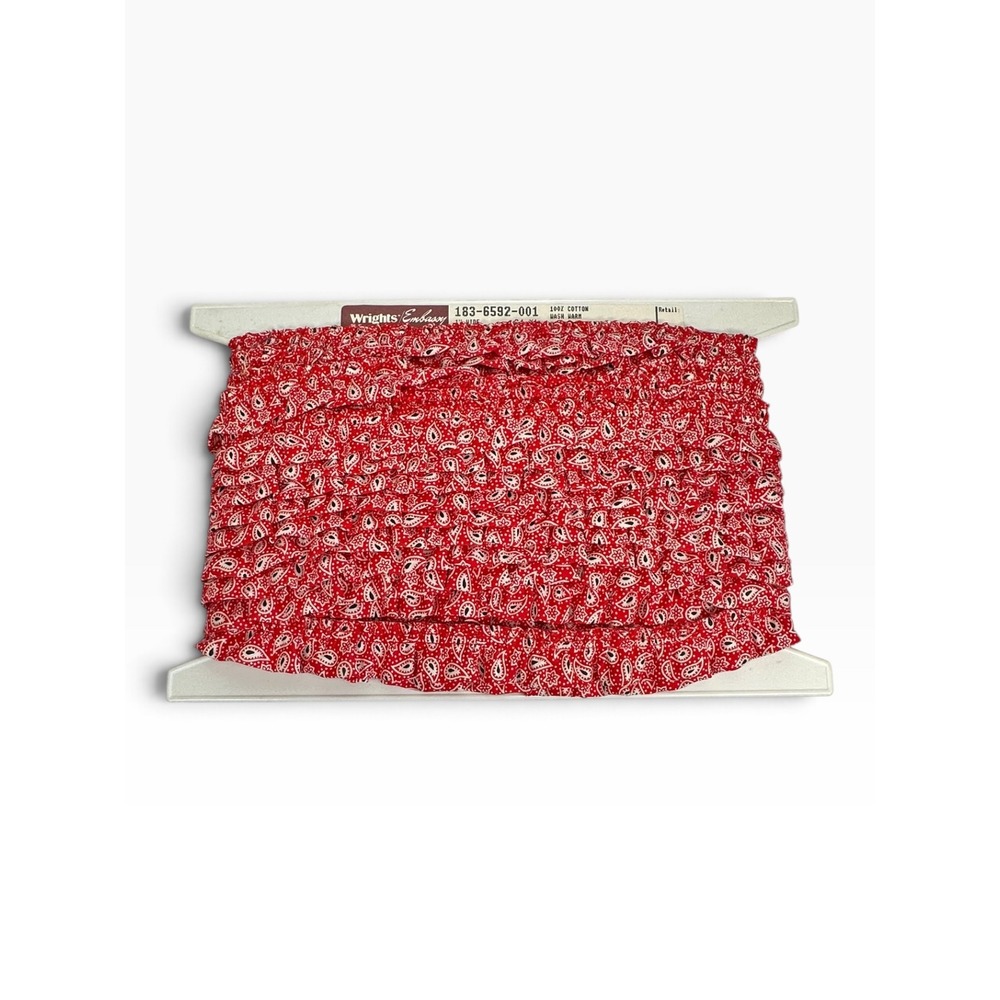 New Wrights Embassy Ruffled Trim Unisex 24 Yds Red Paisley Bandana Cotton 1"